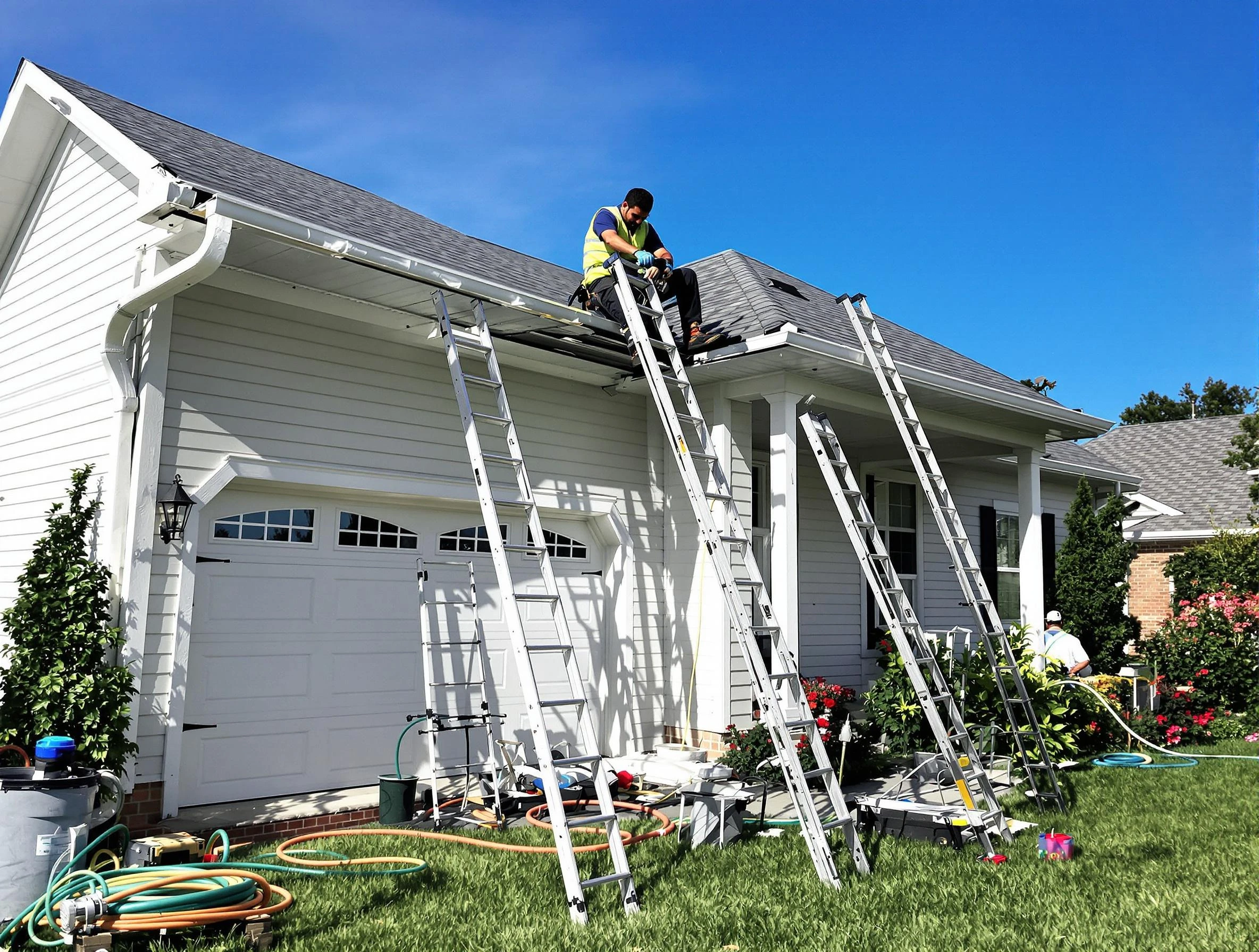 Removal of old gutters by Cleveland Heights Roofing Company to install new system in Cleveland Heights, OH